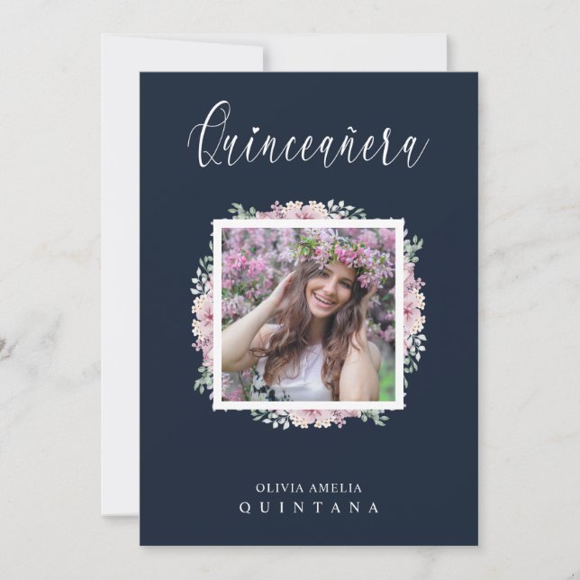 Invitation Marine Quinceañera Rose Trendy Garland Photo Espag (Devant)