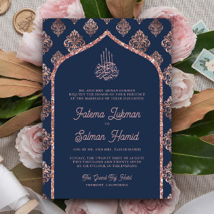 Invitation Marine Rose bleu or Damask Arch Mariage musulman