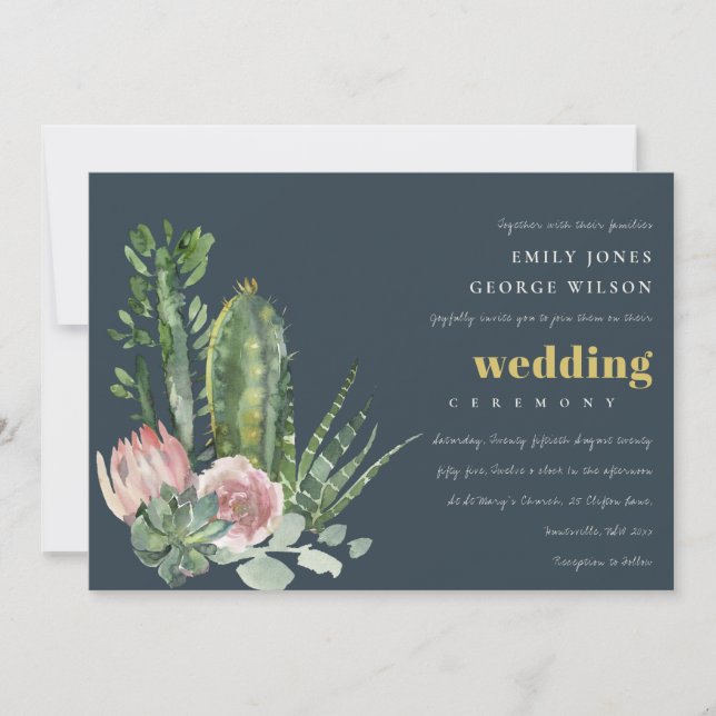 INVITATION MARINE ROSE FLORAL DÉSERT CACTI FOLIAGE MARIAGE (Devant)