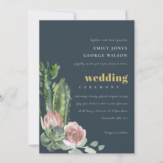 INVITATION MARINE ROSE FLORAL DÉSERT CACTI FOLIAGE MARIAGE (Devant)