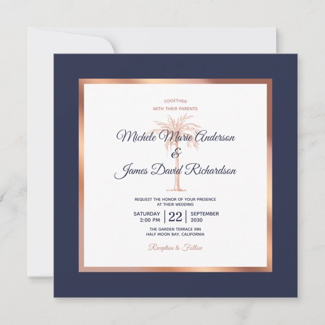 Invitation Marine Rose Gold Copper Palm Tree Beach Mariage (Devant)