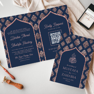 Invitation Marine Rose Gold Damask Arch QR Code Musulman Mari