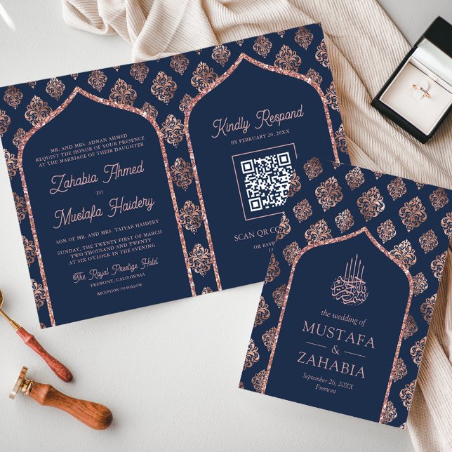 Invitation Marine Rose Gold Damask Arch QR Code Musulman Mari (Créateur téléchargé)