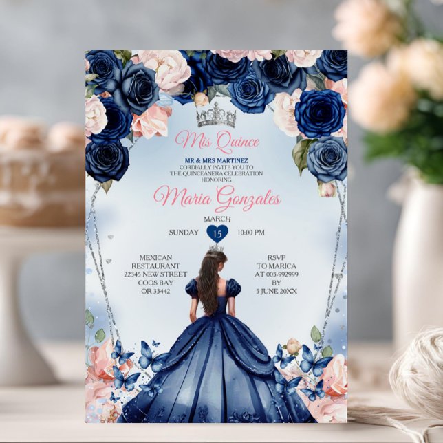 Invitation Marine rose Mis Quince Floral Couronne Quinceañera (Créateur téléchargé)