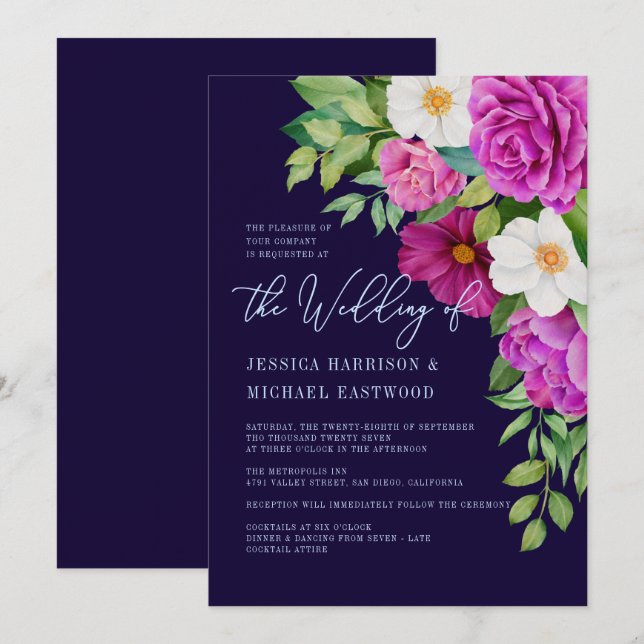 Invitation Marine rose rose blanc violet Rose gras Mariage (Devant / Derrière)