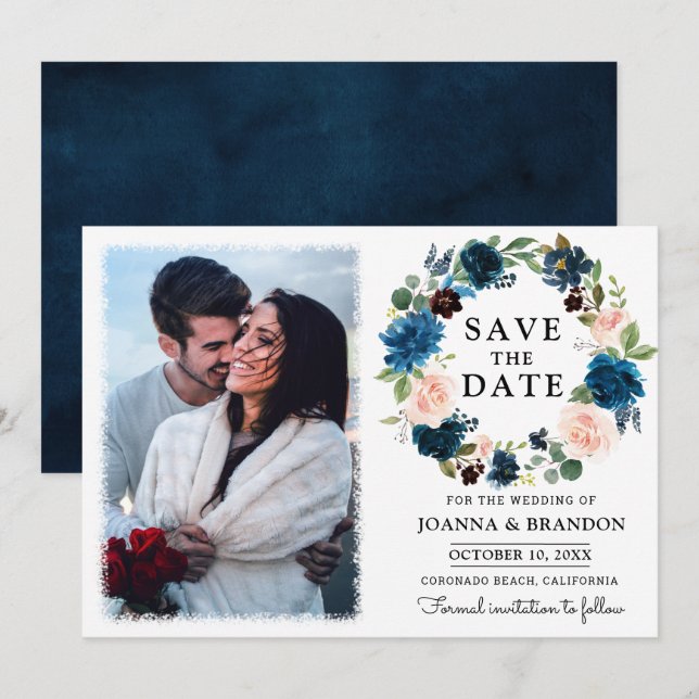 Invitation Marine Royal Blue Blush Floral Enregistrer la date (Devant / Derrière)