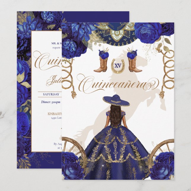 Invitation Marine Royal Blue Western Charro Quinceanera 2 côt (Devant / Derrière)