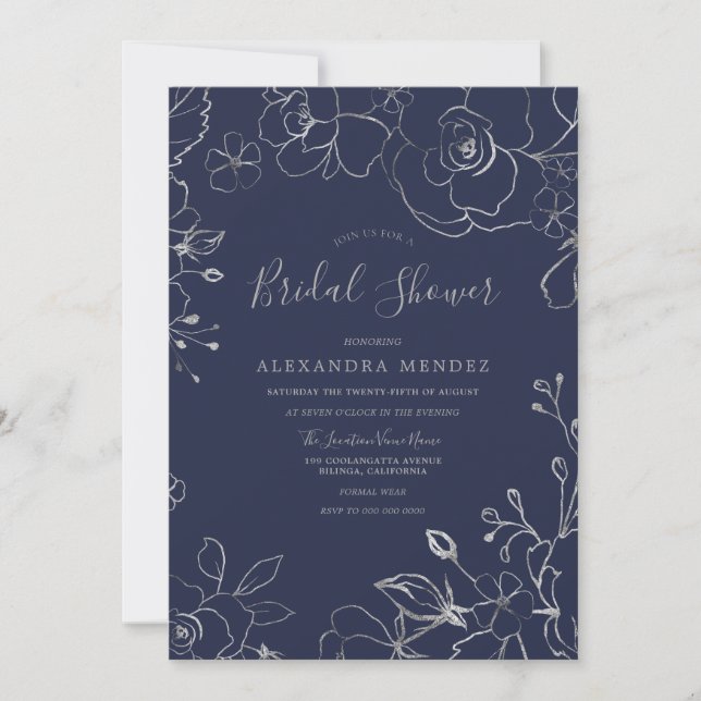 Invitation Marine & Silver Floral Fête des mariées moderne (Devant)
