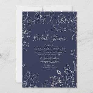 Invitation Marine & Silver Floral Fête des mariées moderne