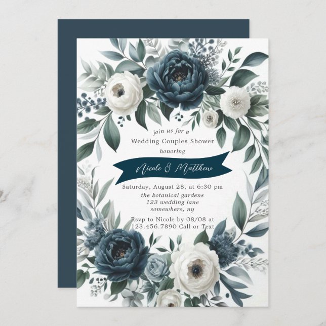 Invitation Marine & Silver Ivory Floral Mariage Couples Douch (Devant / Derrière)