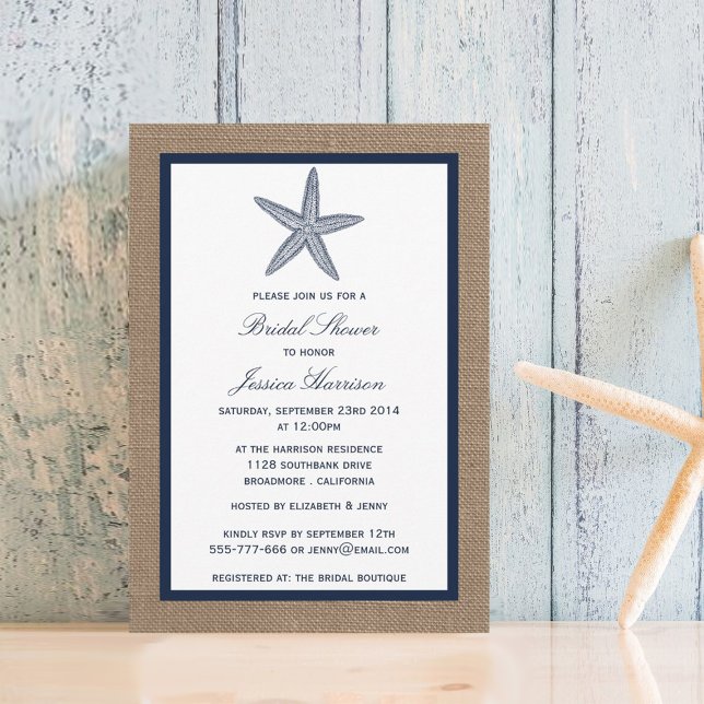 Invitation Marine Starfish Beach Burlap Fête des mariées (Créateur téléchargé)
