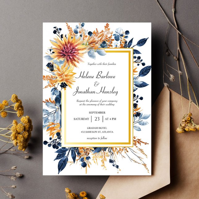 Invitation Marine Terracotta rouille Élégant Floral Rustic Ma (Navy Terracotta Rust Elegant Floral Rustic Wedding Invitation)