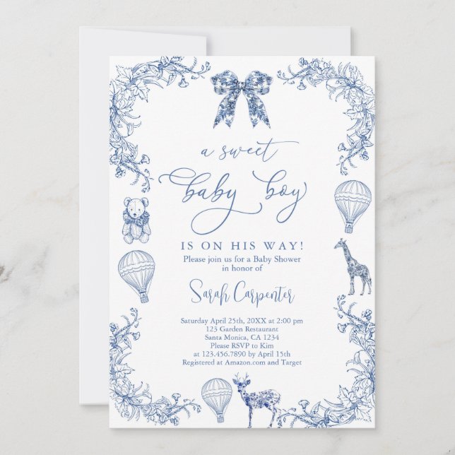 Invitation Marine Toile De Jouy Hot Air Balloon Baby shower g (Devant)