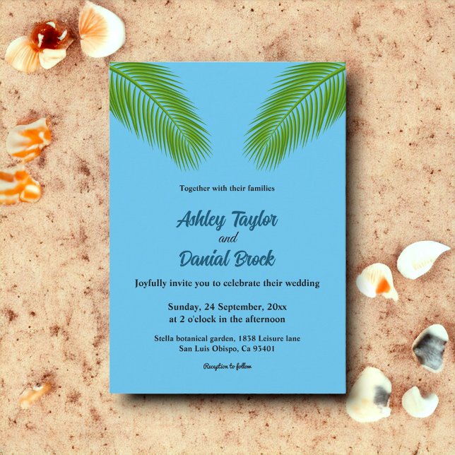 Invitation Marine Tropical Palm Leaf Blue Coastal Beach Maria (Créateur téléchargé)