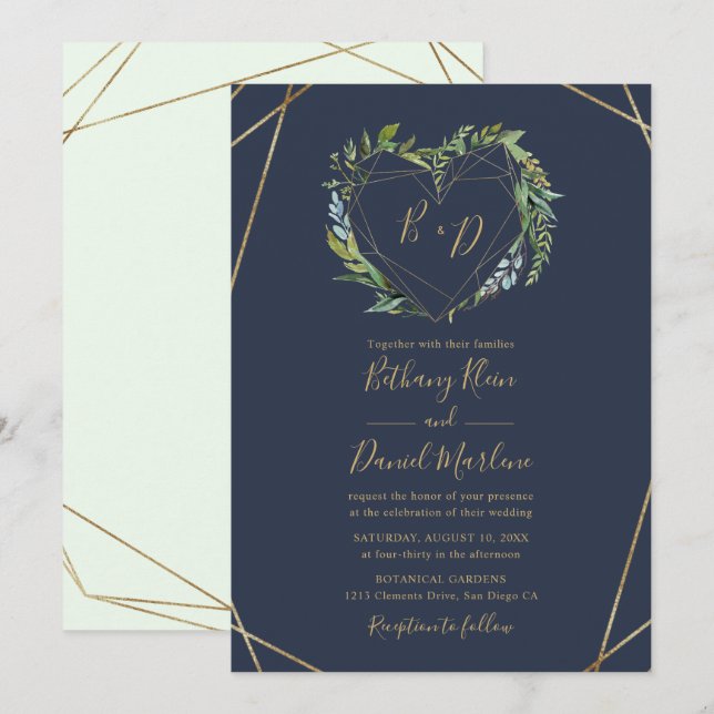 Invitation Marine Vert avec Mariage de cadre cardiaque géomét (Devant / Derrière)