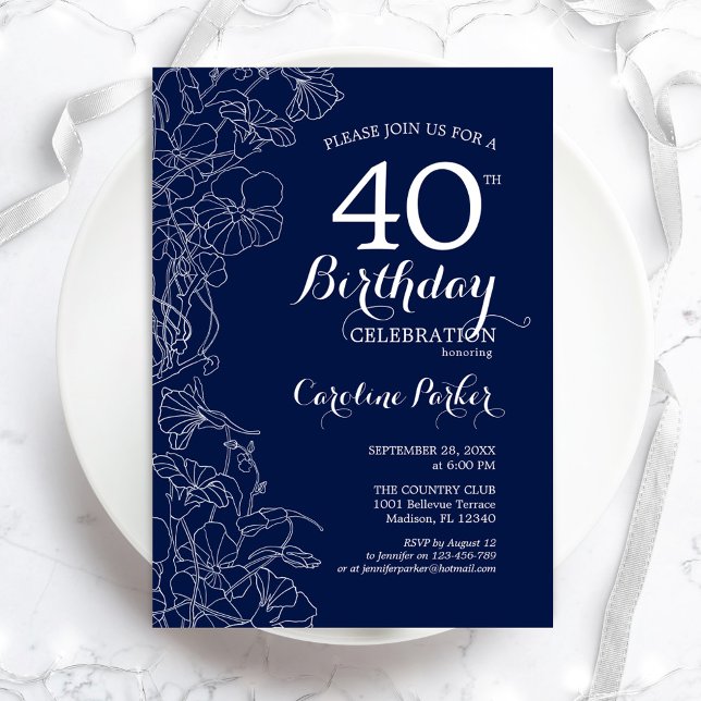 Invitation Marine White Floral 40e anniversaire fête (Créateur téléchargé)