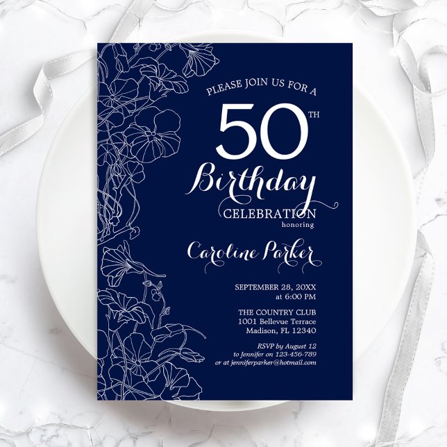 Invitation Marine White Floral 50e anniversaire fête (Créateur téléchargé)