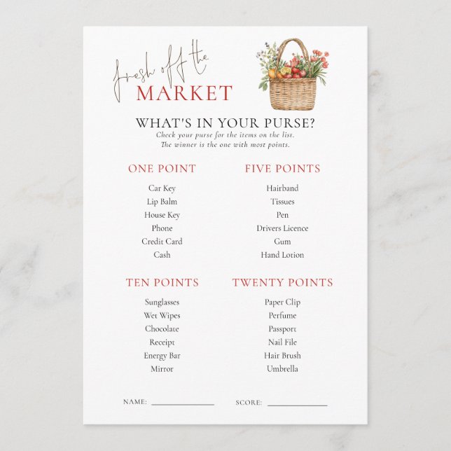 Invitation Market Whats in Purse Fête des mariées Game Card (Devant)