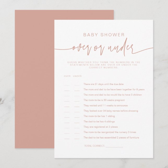 Invitation MARLO Boho Blush Pink Over Under Baby shower Game (Devant / Derrière)