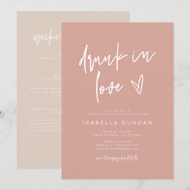 Invitation MARLO Boho Blush rose ivre dans l'amour Bacheloret (Devant / Derrière)