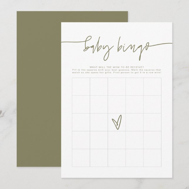 Invitation MARLO Boho Olive Green Baby shower Bingo Jeu (Devant / Derrière)
