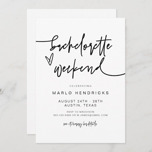 Invitation MARLO Bold Contemporary Bachelorette Itinéraire (Devant / Derrière)