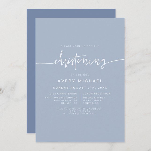 Invitation MARLO Modern Boho Dusty Blue Boy Christening (Devant / Derrière)