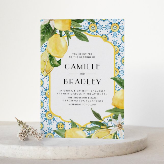 Invitation Marocain Carreaux Motif et citrons QR Code Mariage (Watercolor Moroccan Tile and Lemon Design Mediterranean QR Code Wedding Invitation)