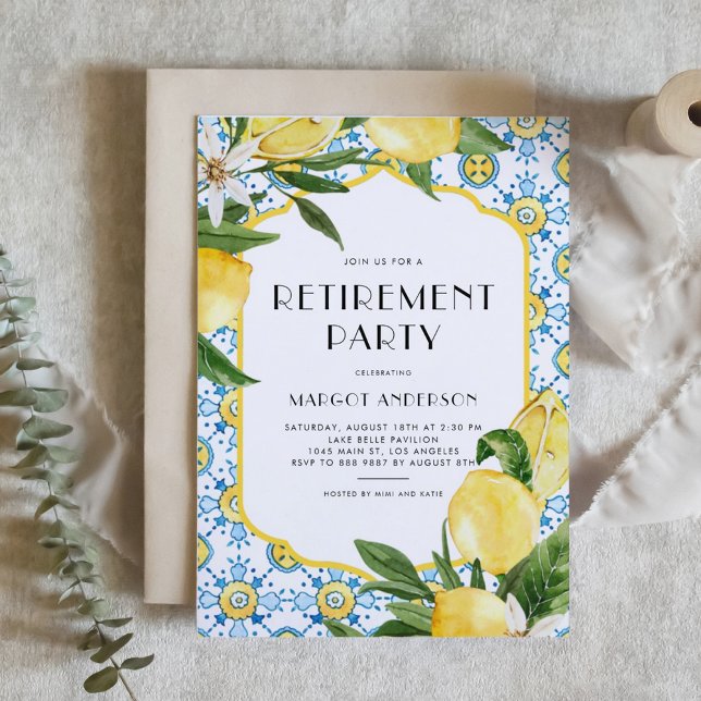 Invitation Marocaine Motif carrelage et fête de la retraite a (Customizable Retirement Party Invitation featuring Watercolor Moroccan Tile and Lemon Design)