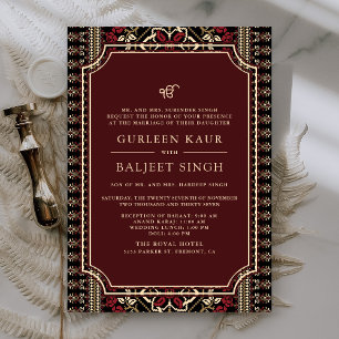 Invitation Maron noir rouge Ikat Anand Karaj Sikh Mariage