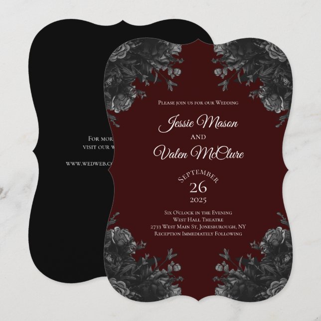 Invitation Maroon Black Grey Rose gothique Elégant mariage (Devant / Derrière)