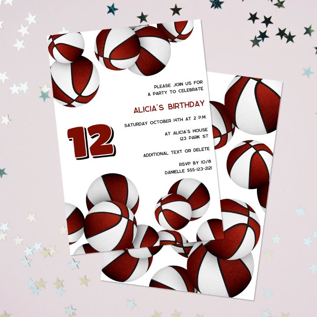 Invitation maroon blanc basket-ball enfants sport anniversair (front & back)