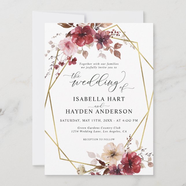 Invitation Maroon Blush Beige Floral Mariage Or Frame (Devant)