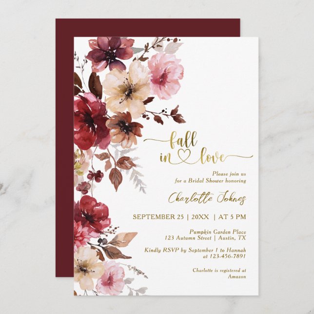 Invitation Maroon Blush Fall In Love Gold Boho Fête des marié (Devant / Derrière)