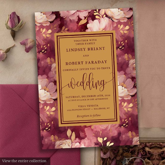 Invitation Maroon Blush Gold Floral Mariage intemporel (Timeless Luxury Maroon Blush Gold Floral Wedding Invitation)