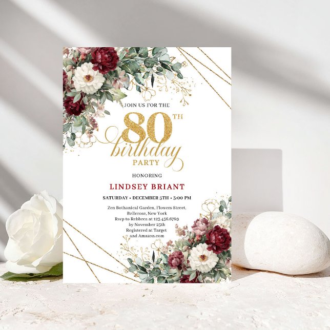 Invitation Maroon Burgundy Flowers 80th Birthday (Maroon Burgundy Flowers 80th Birthday)
