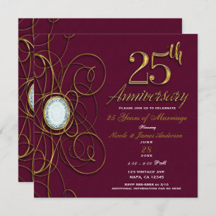 Invitation Maroon Burgundy & Gold Diamond 25 25e anniversaire