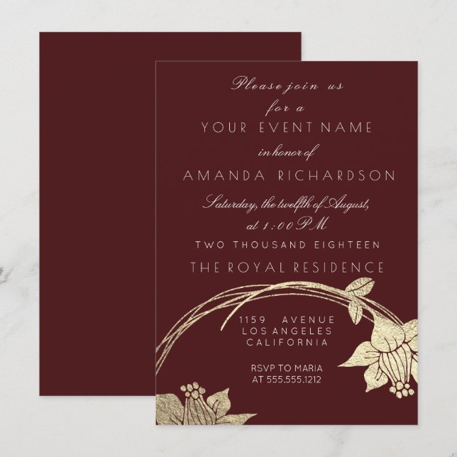 Invitation Maroon de Bourgogne Champaign Gold Floral Wreath (Devant / Derrière)