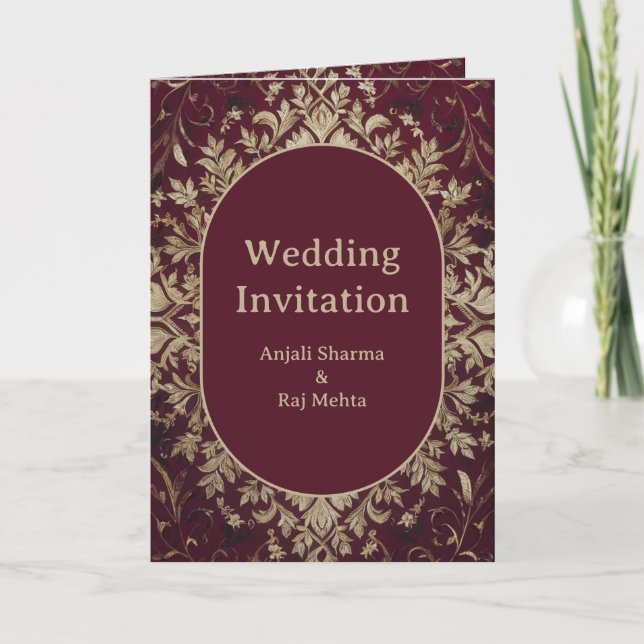 Invitation Maroon de luxe et Mariage indien hindou d'argent (Devant)