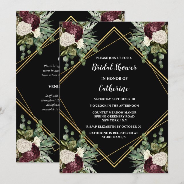 Invitation Maroon d'or blanc rose botanique chic floral (Devant / Derrière)
