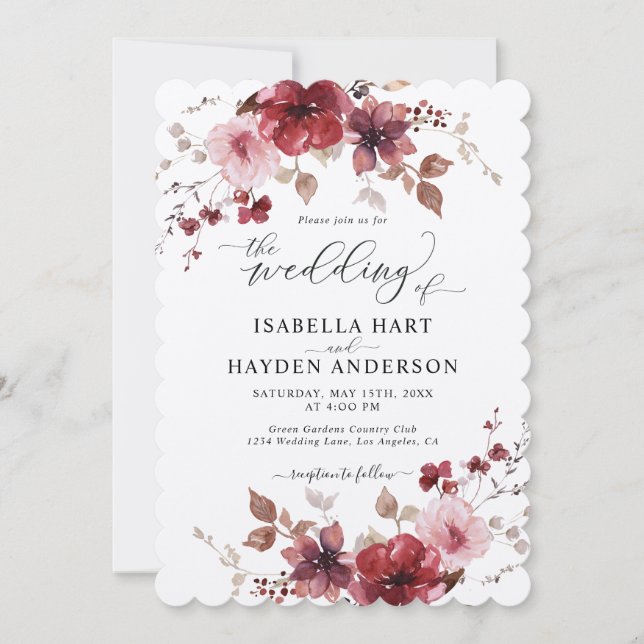Invitation Maroon Dusty Rose Floral Tout en 1 QR Code Mariage (Devant)