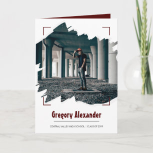 Invitation Maroon Edgy Abstrait Brushstroke Photo Graduation