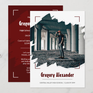 Invitation Maroon Edgy Abstrait Brushstroke Photo Graduation