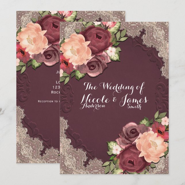 Invitation Maroon Elegant Dentelle & Floral Moderne Mariage c (Devant / Derrière)