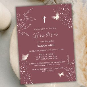 Invitation Maroon Elegant Feuille Butterfly Cross Baptism