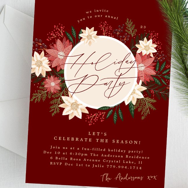 Invitation Maroon Fête Poinsettia Wreath Splendor (Créateur téléchargé)