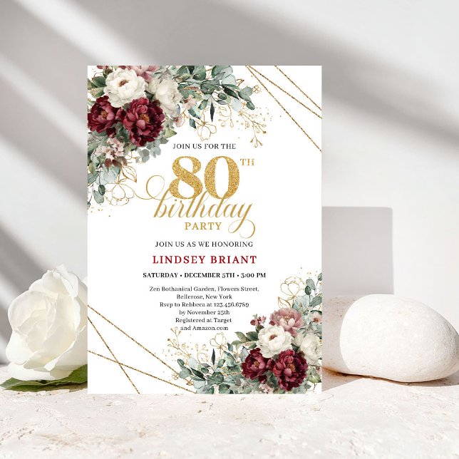 Invitation Maroon Floral Greenery Gold 80th Birthday (Maroon Floral Greenery Gold 80th Birthday)