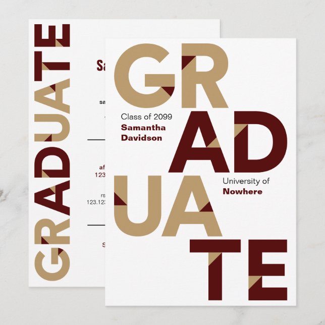 Invitation Maroon Gold Big Bold Angle-Cut Lettres Graduation (Devant / Derrière)
