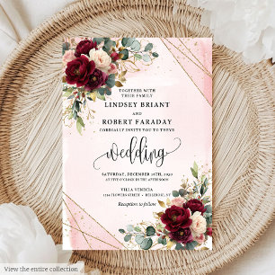 Invitation Maroon Gold Blush Roses Romantique Mariage