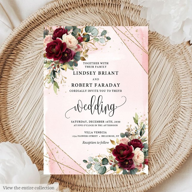 Invitation Maroon Gold Blush Roses Romantique Mariage (Timeless Maroon Gold Blush Roses Romantic Wedding Invitation)